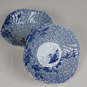 Lot Of 2 Johnson Brothers Fine China Lotus Blue Square Cereal Bowl 6" Vintage